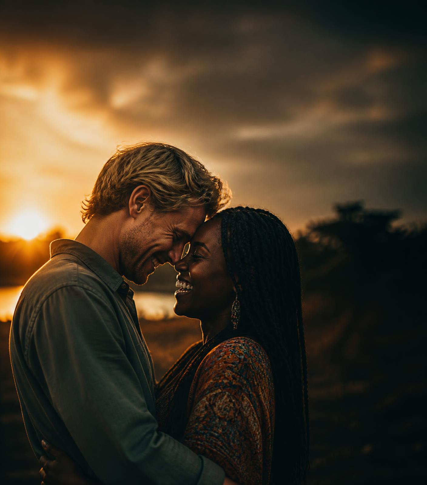 A Swedish and Kenyan couple laughing together at sunset